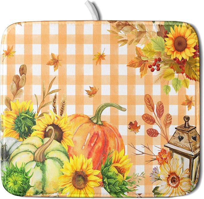 Autumn Maple Leaf Orange White Check Plaids Dish Drying Mat by Anyako
