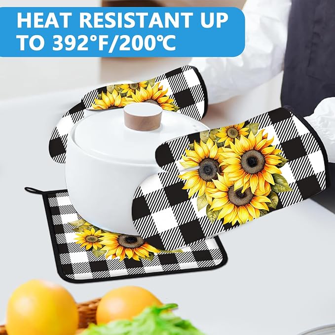 Sunflower Oven Mitts and Pot Holders Sets Heat Resistant 4Pcs Black White - Image 5