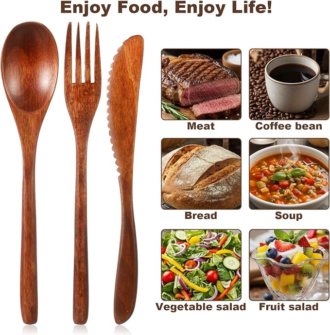24 Pcs Wooden Utensil Set for Eating Wooden Spoon Fork Knife Wood Cutlery - Image 6