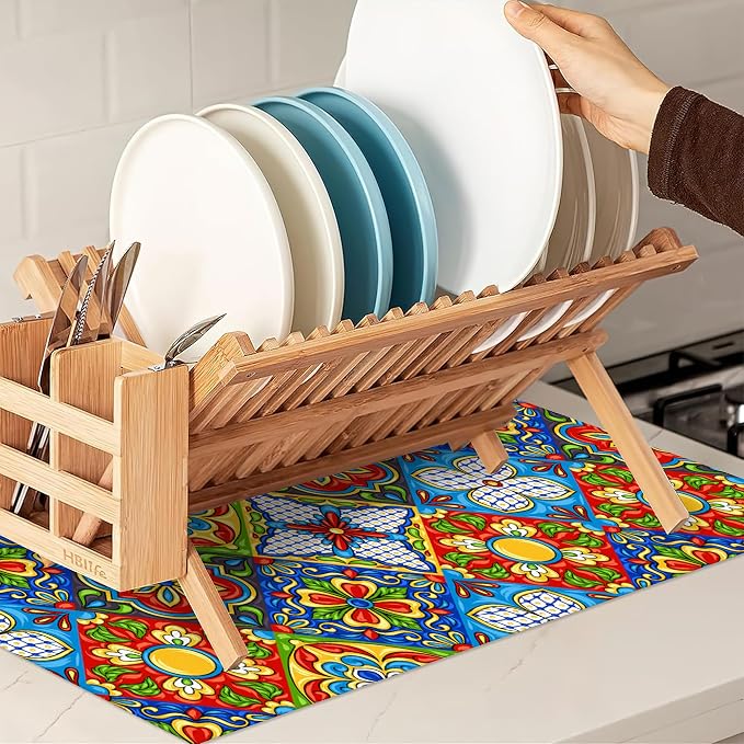 Mexican Tile Dish Drying Mat, Boho Tradicion Drying Rack Pad Countertop Dishes - Image 7