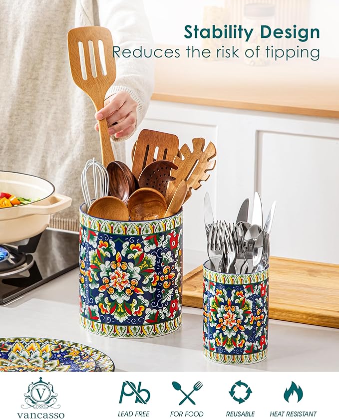 vancasso SIMI Utensil Holder, 7.3"+5.5" Porcelain Kitchen Utensil Holder - Image 3