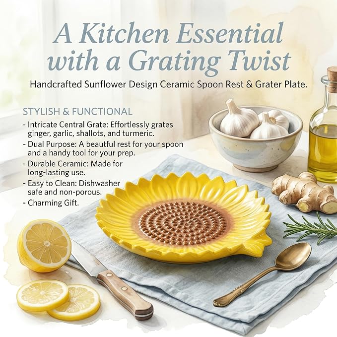 Sunflower-Shaped 2pcs Ceramic Grater Plate & Spoon Rest - Image 3