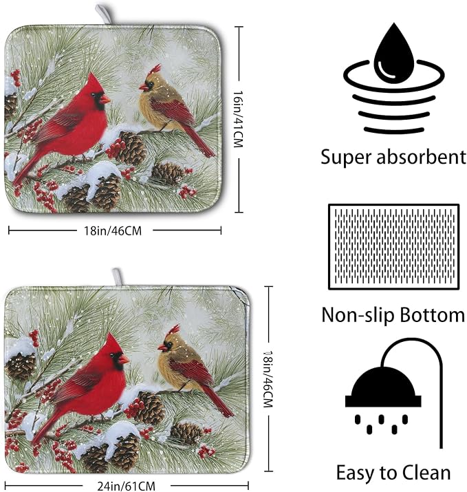 Winter Dish Drying Mat for Kitchen Counter 18x24 Inch Christmas Red Birds - Image 2
