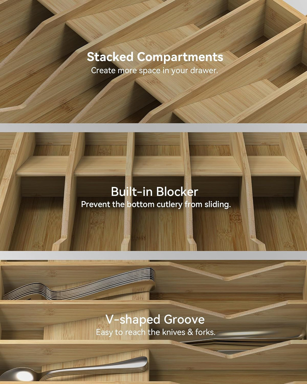 Expandable Utensil Drawer Organizer for Silverware,Bamboo 12 Slot