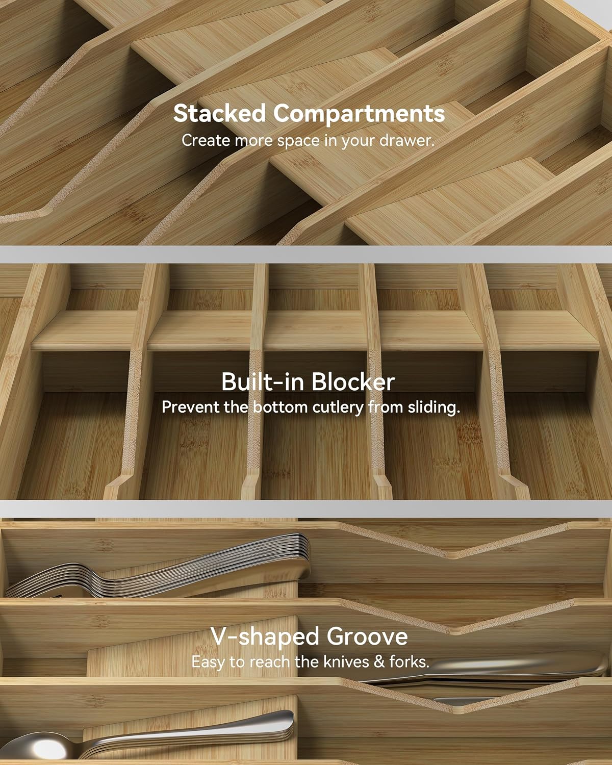 Expandable Utensil Drawer Organizer for Silverware,Bamboo 12 Slot
