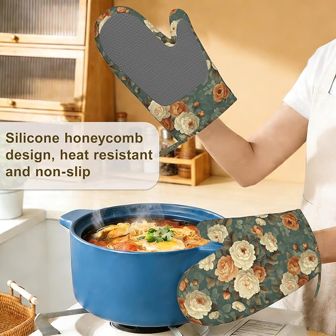 Vintage Rose Flower Oven Mitts and Pot Holders Set of 4, Retro Floral Kitchen - Image 4