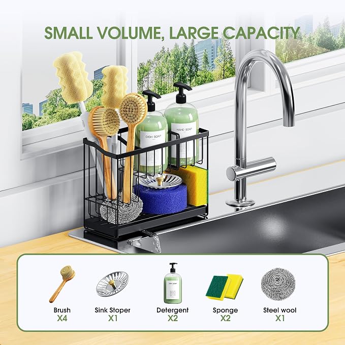 Kitchen Sink Caddy, 2-Tier Self-Draining Sponge & Dish Brush Holder, Rustproof - Image 6