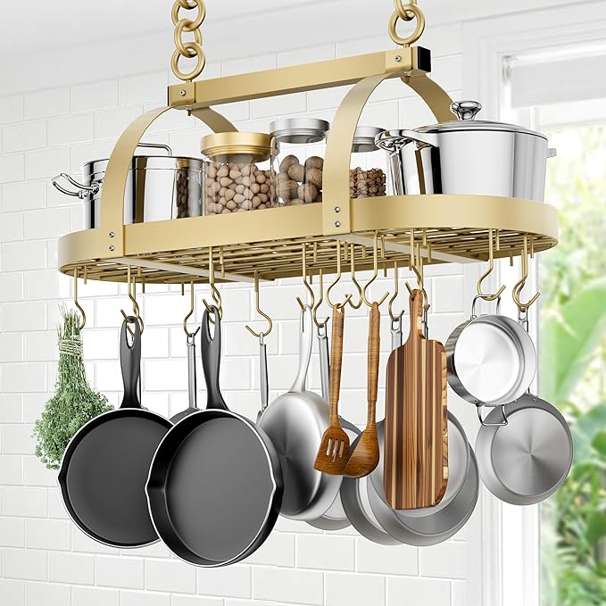 KES Gold 34 Inch Hanging Pot Rack, 100 LBS Capacity Heavy Duty Oval Pot and Pan by KES