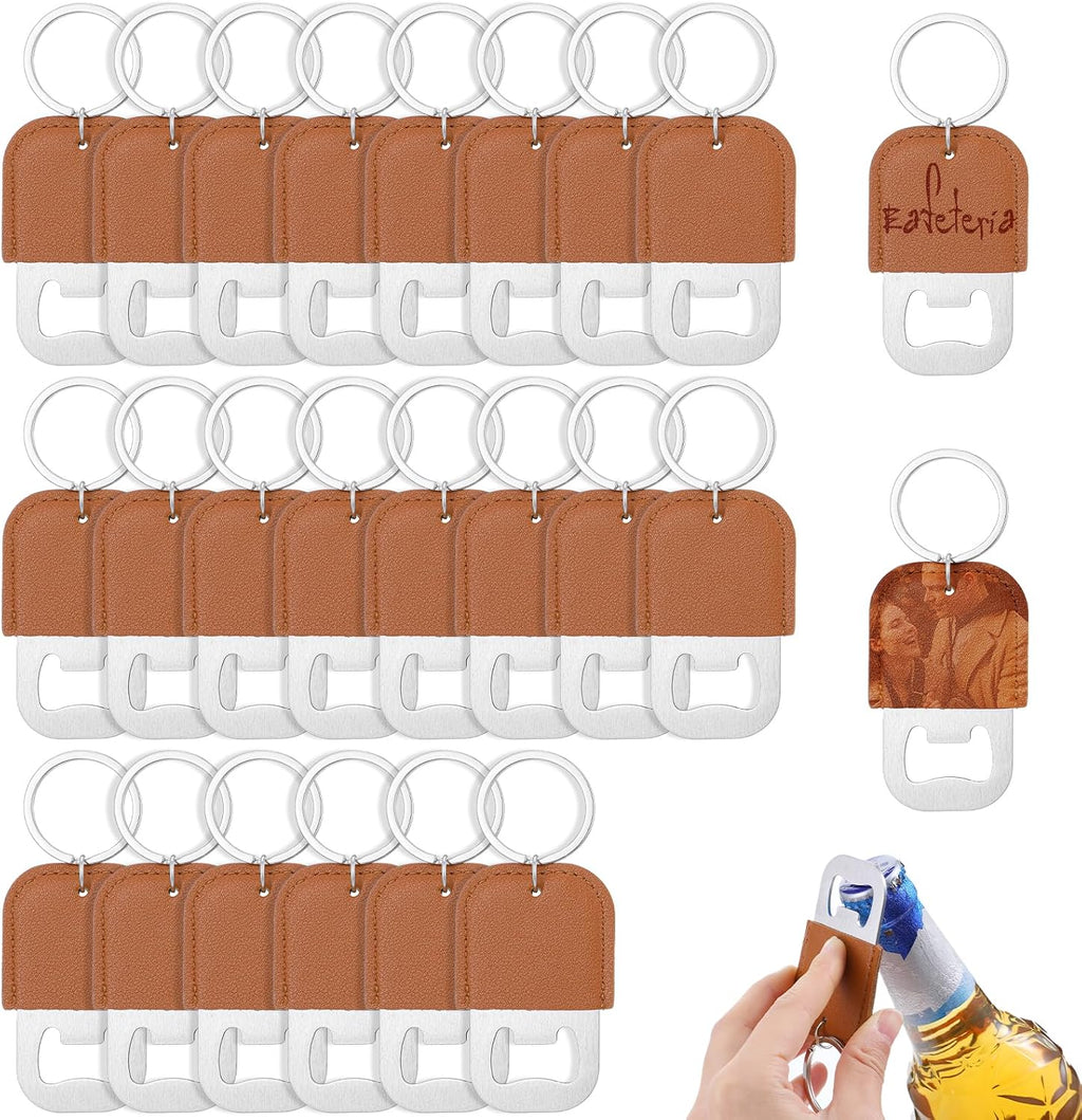 24 Pack Brown Leather Stainless Steel Bottle Opener Keychain