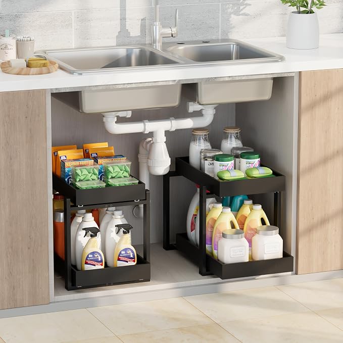 APRTAT 2 Pack Under Sink Organizer, Bamboo Wooden 2-Tier Pull-Out Storage by HEALTHYYOU