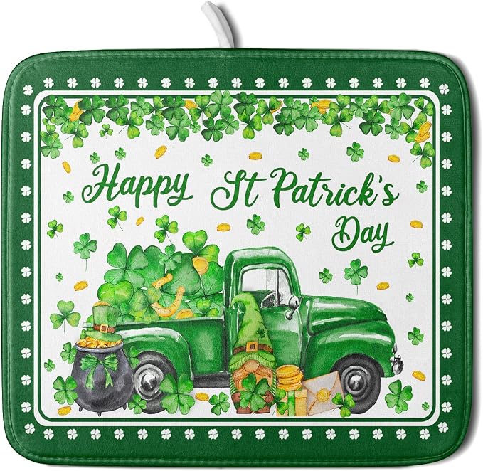 Shamrock Gnome Truck Dish Drying Mat Lucky Clover Dish Drainer Mat 16x18 inch by Giwawa