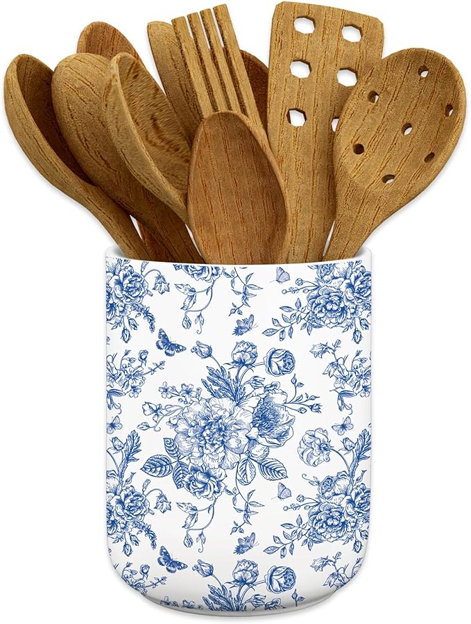 JarThenaAMCS Chinoiserie Floral Ceramic Utensil Holder Blue Flower Butterfly by JarThenaAMCS