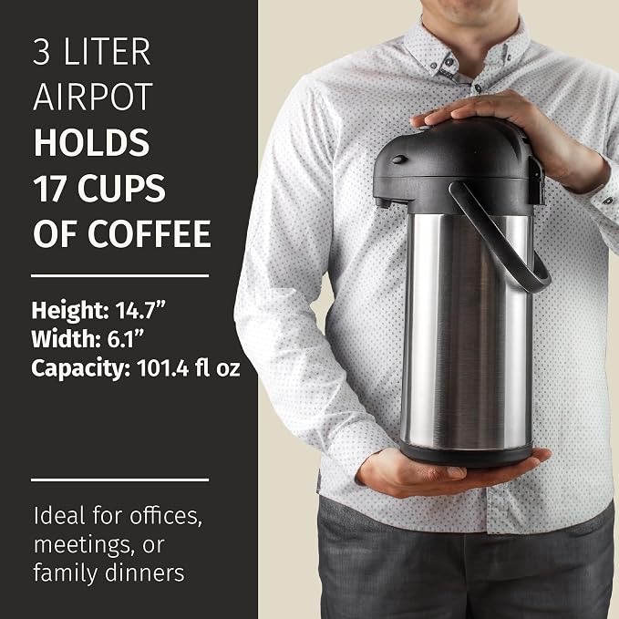 Airpot Coffee Dispenser with Pump & Tray - 102oz/3L Coffee Carafe with Pump - - Image 6