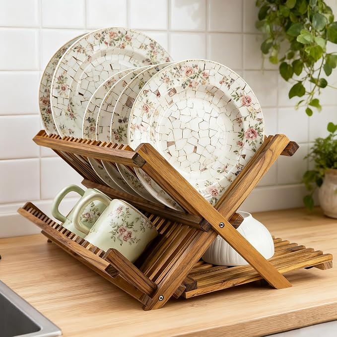 Utoplike Large Teak Dish Drying Rack, Wooden 3 Tier Collapsible Dish Draine - Image 6