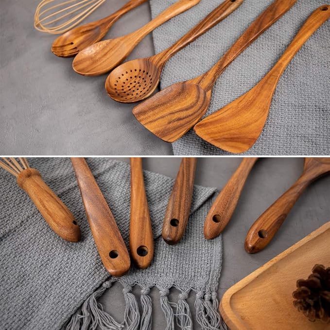 AIUHI 10 Pack Wooden Spoons for Cooking, Teak Wood Kitchen Utensils Set for Non - Image 7