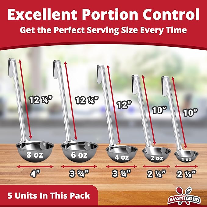 Sturdy, Ergonomic Combo Sizes Ladles 5 Pk. 1 2 4 6 8 Oz Stainless Steel Ladle - Image 2