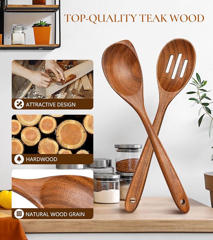 2Pcs Wooden Spoons for Cooking, Natural Premium Teak Wood Corner Spoon & - Image 2
