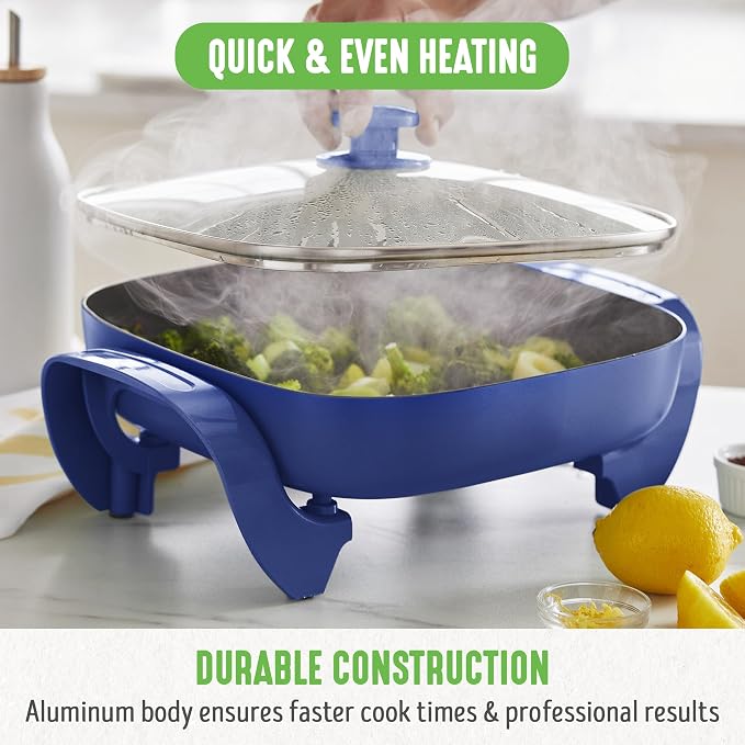 GreenLife 12" 5QT Square Electric Skillet, Glass Vented Lid, Ceramic PFAS-Free - Image 6