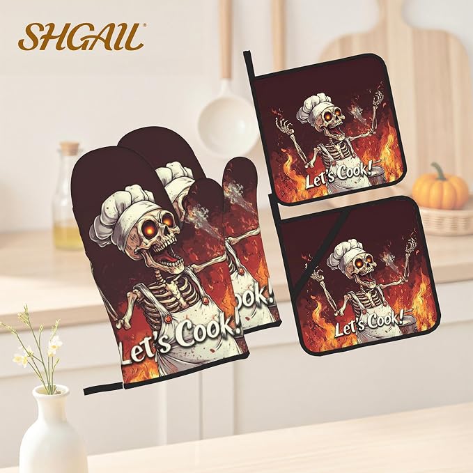 Funny Skull Oven Mitts with Matching Potholders - Image 2