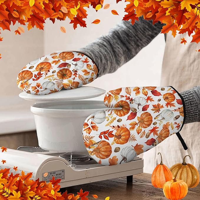 Thanksgiving Pumpkin Oven Mitts and Pot Holders, Fall Oven Mitts Sets of 3 - Image 3