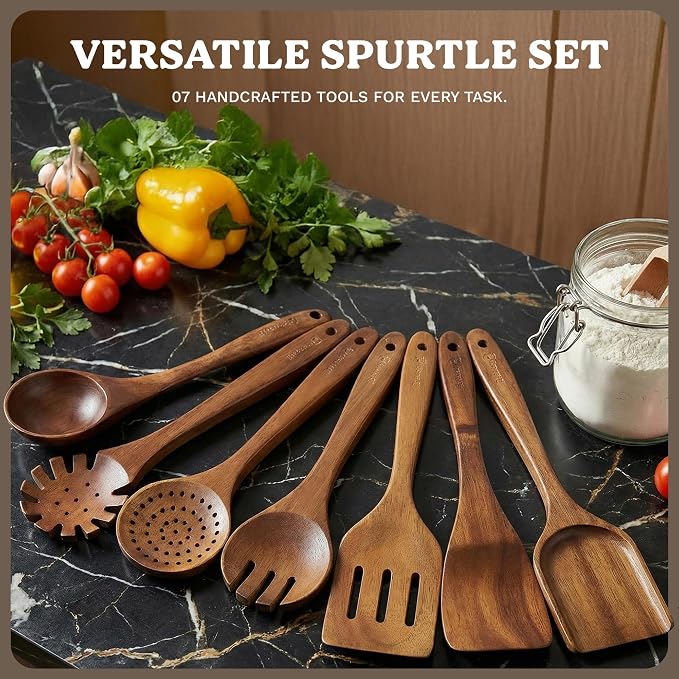 7Pcs Wooden Kitchen Utensil Set, Premium Natural Acacia Wood Cooking Utensils - Image 9
