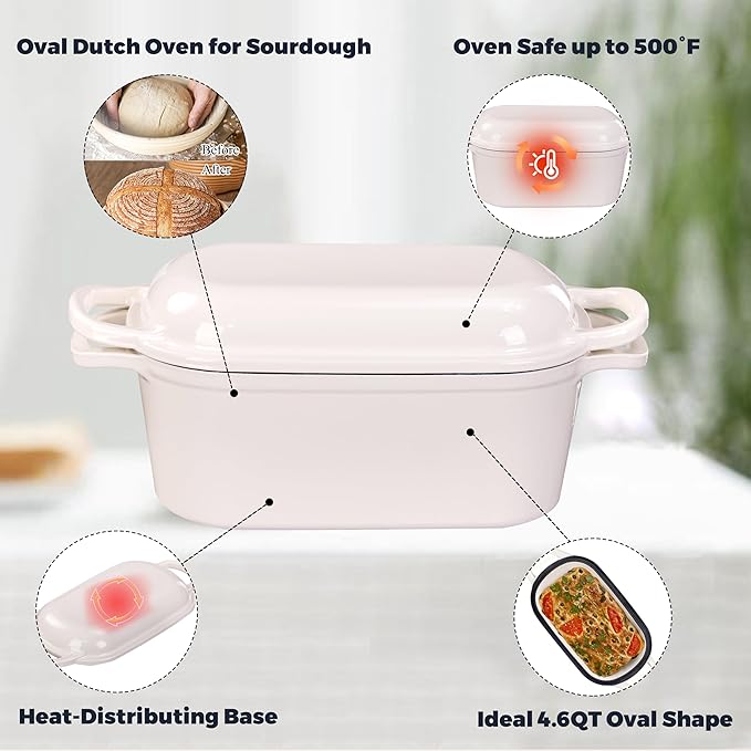 4.6 Quart Dutch Oven for Sourdough Bread Baking, Combo Oval Enameled Cast Iron - Image 5