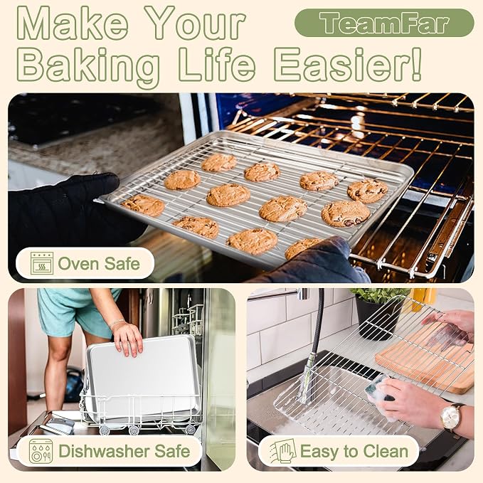 TeamFar Baking Sheet with Rack Set, 16/12.5/9 Inch Stainless Steel Cookie - Image 5