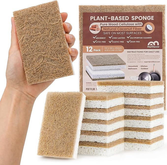Metflavor 12 Pack Natural Kitchen Sponges, Biodegradable Non-Scratch Cellulose by Metflavor