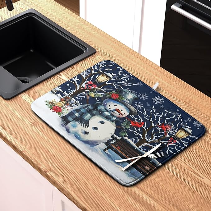 Winter Snowman Dish Drying Mat for Kitchen Counter 18x24, Xmas Snowflakes Dish - Image 6
