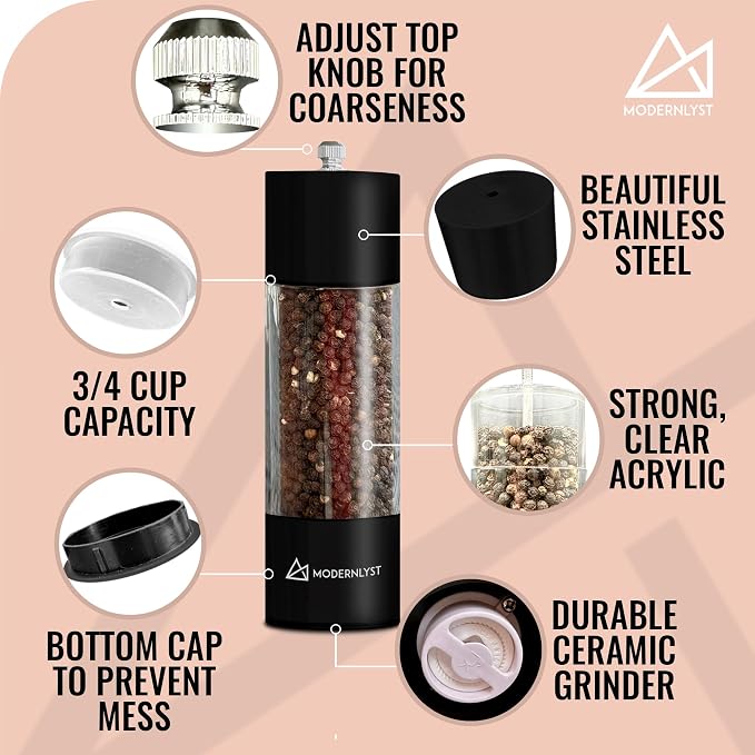 Manual Salt and Pepper Grinder Set of 2 | Large Round Salt and Pepper Shakers - Image 3