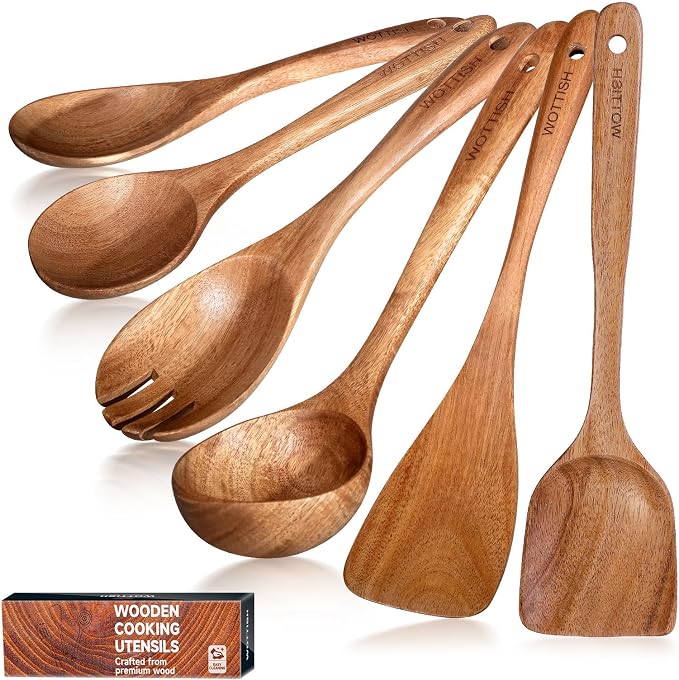 Wooden Spoons - Wooden Spoons for Cooking, Natural Wooden Kitchen Utensils Set by WOTTISH