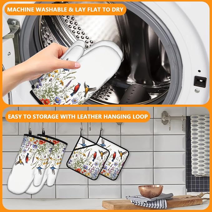 Wildflowers Birds Oven Mitts and Pot Holders Sets 4Pcs, Extra Long Oven Gloves - Image 5