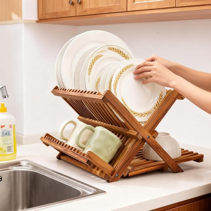 Utoplike 3 Tier Collapsible Teak Wood Dish Drying Rack, Foldable Large Capacity - Image 2