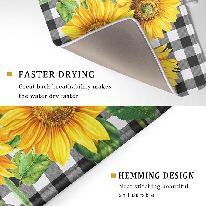 Sunflower Dish Drying Mat for Kitchen Counter Black White Buffalo Plaid - Image 3