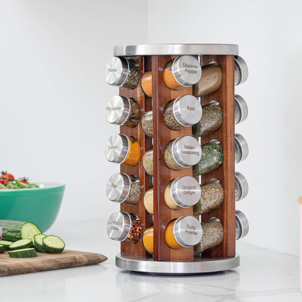 20 Jar Rotating Dark Acacia Wood Spice Rack with Spices Included &