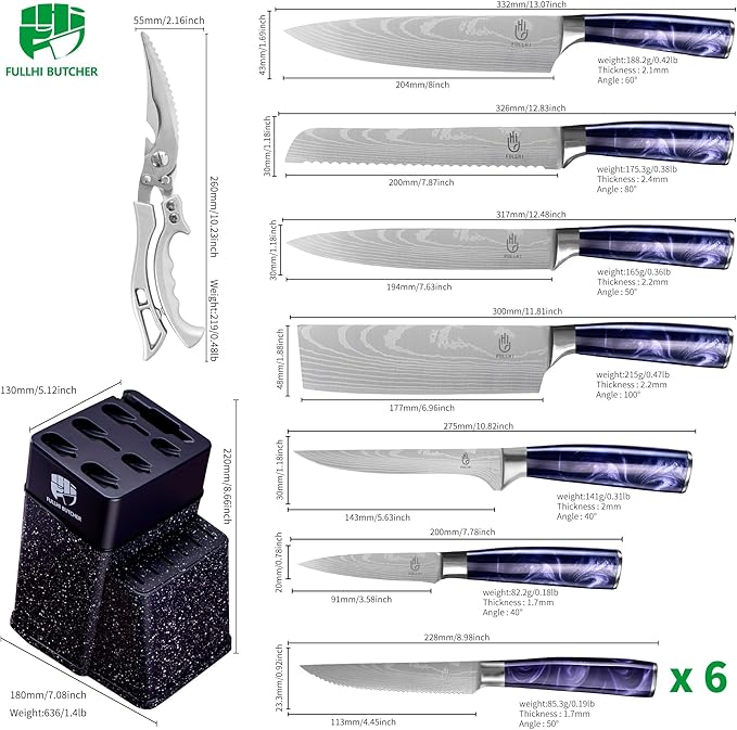 FULLHI 14pcs Block Knife Set, Chef's Knife Steak Knives Set - Image 2