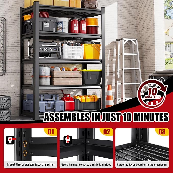 Set of 3 Garage Shelving-3000 lbs 5 Tier Storage Shelves, Adjustable Heavy Duty - Image 6