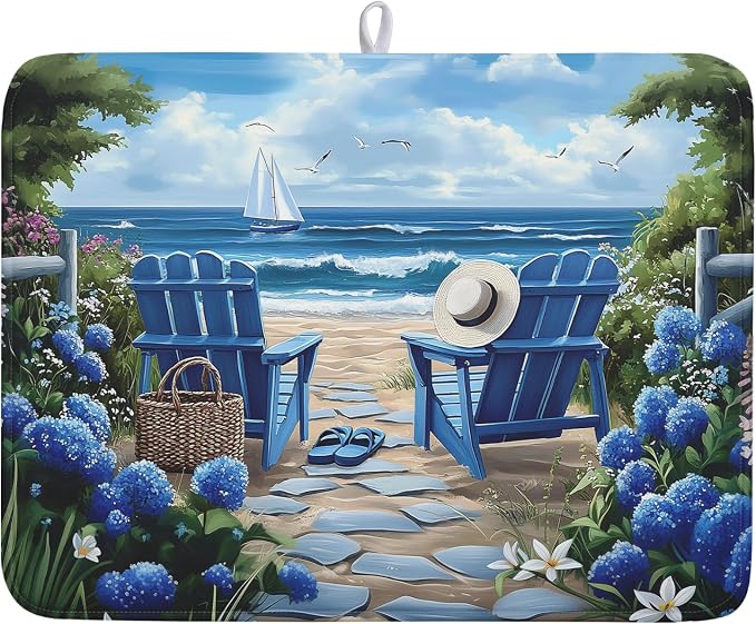 Summer Beach Dish Drying Mat 18x24 Inch Sea Shells Flowers Kitchen Mats Blue by Kawani