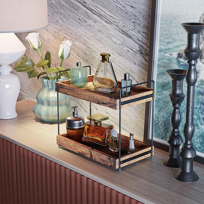 2-Tier Bathroom Counter Organizer, Wood Kitchen Countertop Spice Rack, Vanity - Image 7