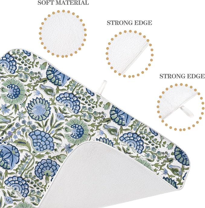 Boho Navy Blue Sage Green Dish Drying Mat 18x24 Inch Vintage Floral Drying Mat - Image 3