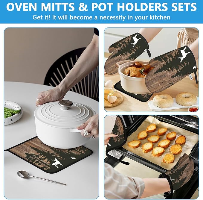 Deer Forest Wood Grain Oven Mitts and Pot Holders Sets Heat Resistant 4Pcs - Image 6