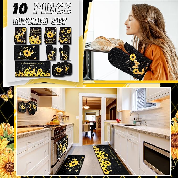 Fourluoo 10 Pcs Sunflower Butterfly Kitchen Dish Towels Rugs Oven Mitts and Pot - Image 2