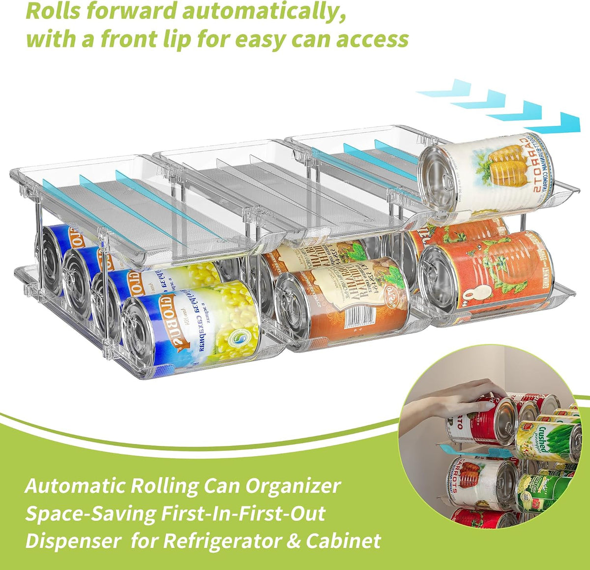 Can Organizer for Pantry, Rolling Food Pantry Storage Rack, 3 Tier