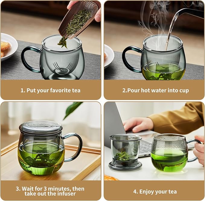Glass Tea Cup with Infuser and Lid, 17.6oz/520ml Large Borosilicate Teacup - Image 8