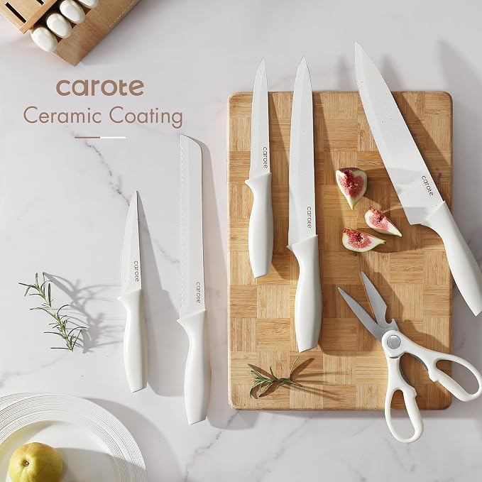 CAROTE 15Piece Knife Set, Kitchen Knife Block Set, Elegant White Ceramic-Coated - Image 6