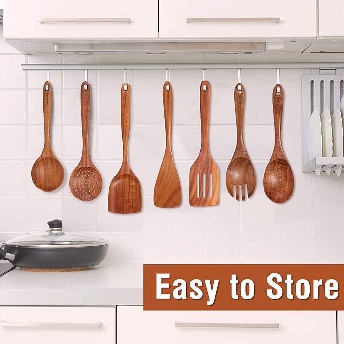 Mooues 9 Piece Natural Teak Wooden Kitchen Utensil Set - Image 4