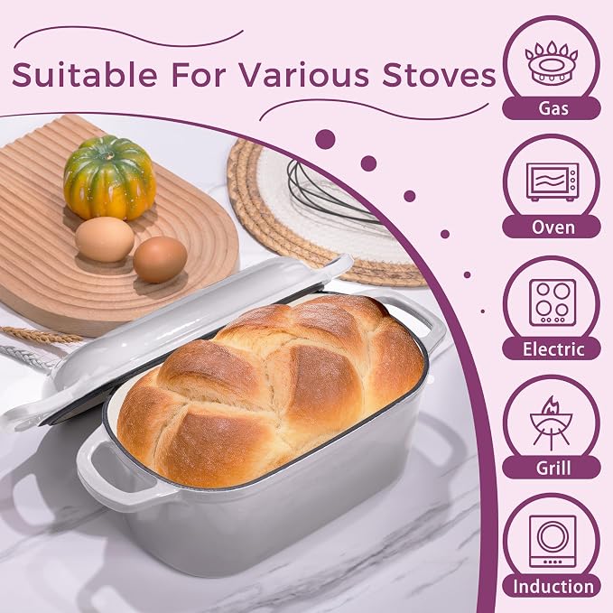 4.6-Quart Oval Dutch Oven for Bread Baking, 2 in 1 Cast Iron Bread Pan - Image 4