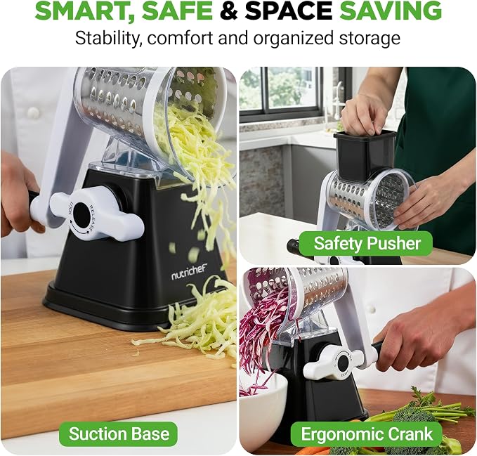 Nutrichef 3 in 1 Cheese Grater & Shredder | Strong Suction Base, Rotary Handle - Image 7