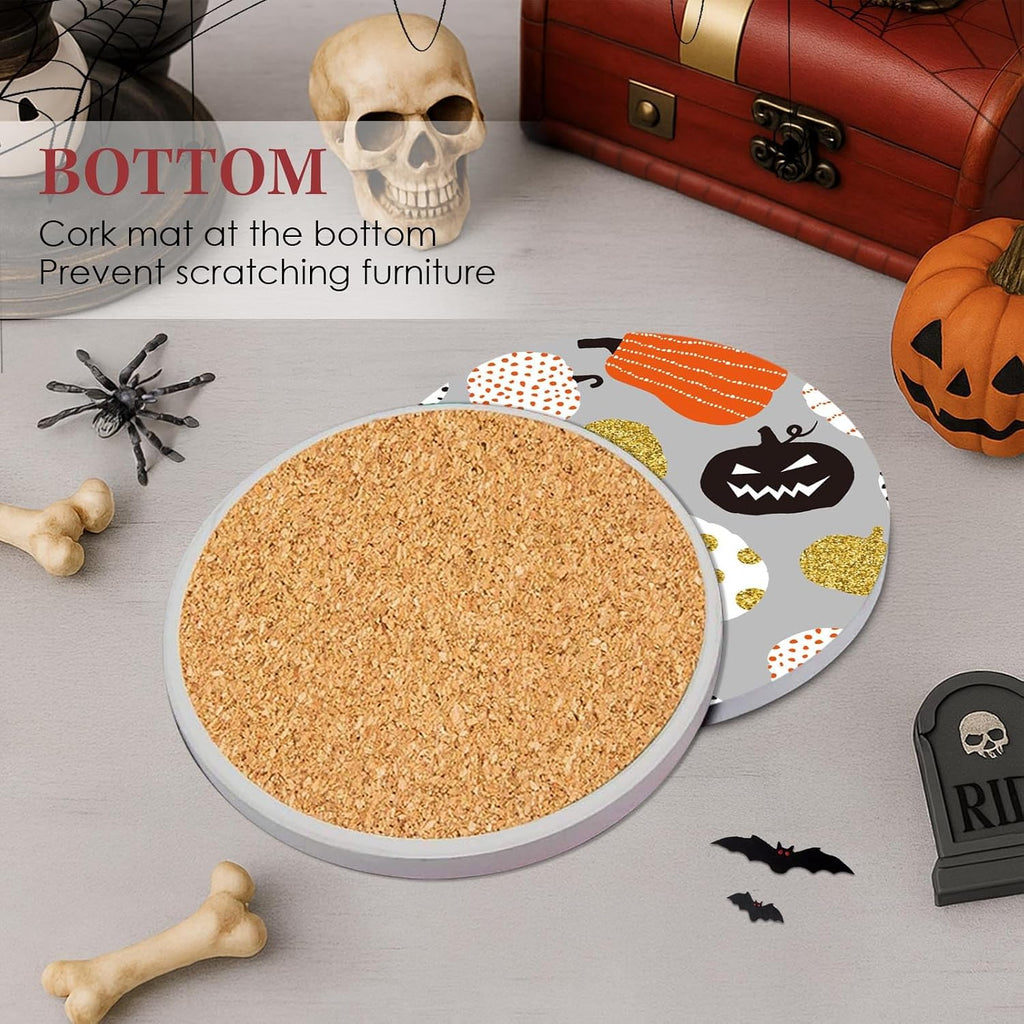 Halloween Ceramic Stone Coasters for Drinks, Set of 6, Pumpkin