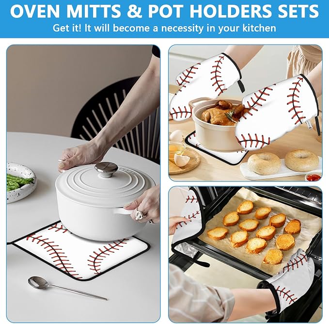 Baseball Oven Mitts and Pot Holders Sets Heat Resistant 4Pcs Potholders Oven - Image 6